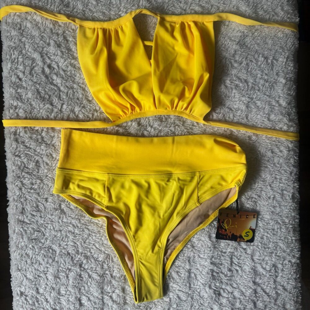 Venice Rani Swimwear Yellow Halter & High Waisted Two Piece Bikini Small NWT